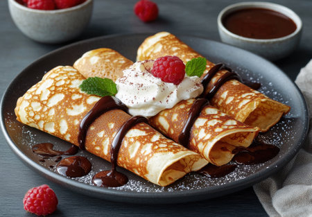 Delicious crepes with chocolate sauce and whipped creamの素材