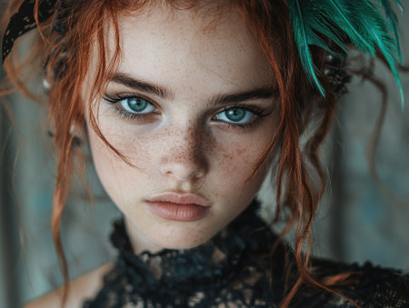 Close-up portrait of a young woman with freckles and vibrant red hairの素材