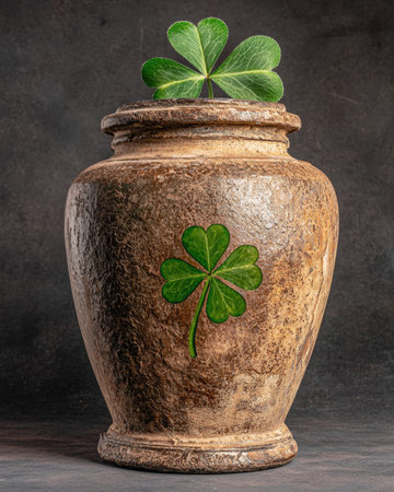 Brown pot with shamrocks on a dark backgroundの素材