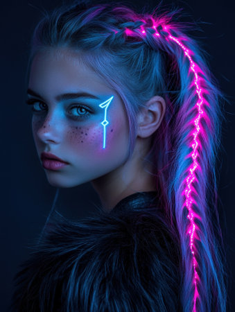 Futuristic woman with neon braided hair and face paintの素材