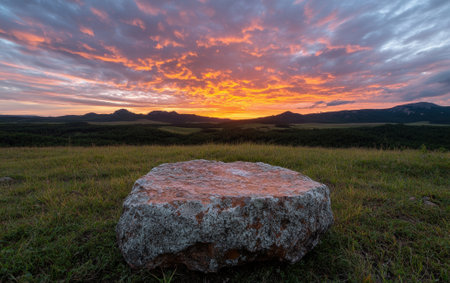 Sunset over grassy plains with a large rock in the foregroundの素材