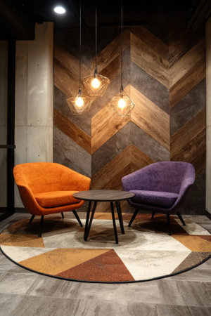 Modern living room interior design with orange and purple armchairsの素材