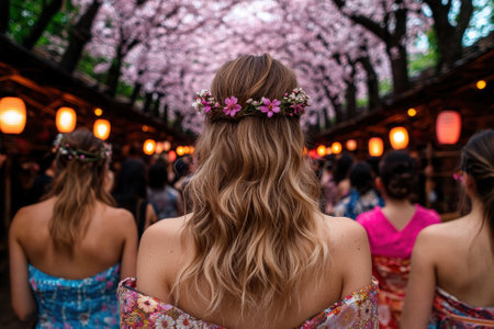 Women with flower crowns at a cherry blossom festivalの素材