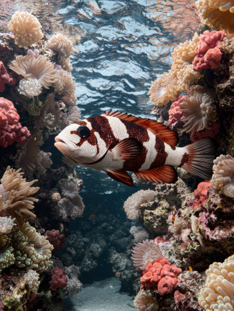 Striped red and white fish swimming among coral reefの素材