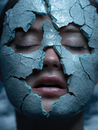 Closeup of a woman's face with a cracked blue maskの素材