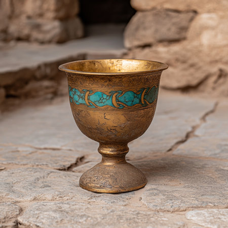 Antique golden chalice with turquoise inlay on stone surfaceの素材