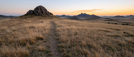 A dirt path leads through a grassy field towards a rocky hill at sunsetの素材