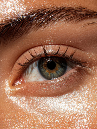 Close-up of a woman's eye with glitter makeupの素材