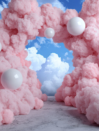 Pink clouds and white spheres create a dreamy, surreal landscapeの素材