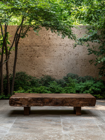 Rustic wooden bench in a tranquil garden settingの素材