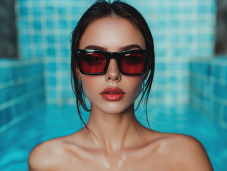 Woman in red sunglasses by the poolの素材