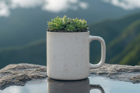 Succulent plant in a mug on a mountain topの素材