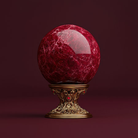 Ornate golden stand holding a red gemstone sphereの素材