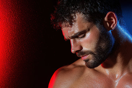 Close-up portrait of a sweaty muscular manの素材
