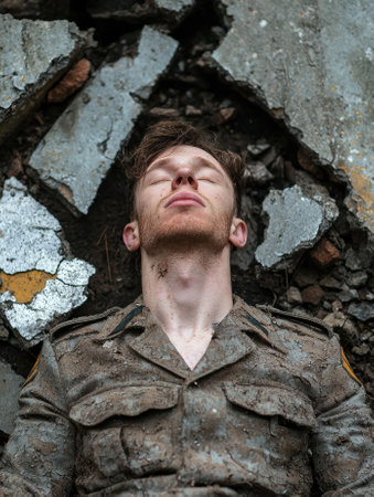 Muddy soldier lying on the ground, eyes closedの素材