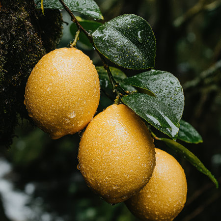 Three juicy lemons hanging from a tree branch, glistening with raindropsの素材