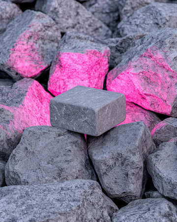 Pink light illuminates a gray cube resting on a pile of rocksの素材