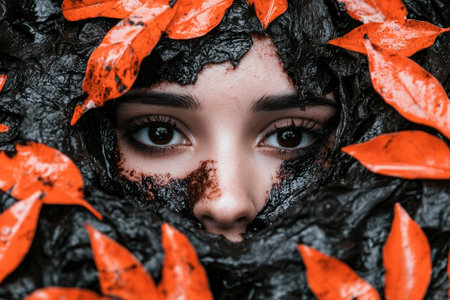 Woman's face covered in mud and surrounded by orange leavesの素材