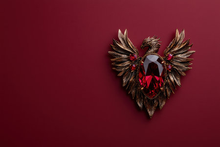 Ornate ruby and gold phoenix brooch on red backgroundの素材