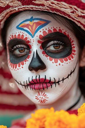Close-up of a woman with traditional Day of the Dead makeupの素材
