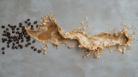 Coffee beans and splash of coffee on grey backgroundの素材