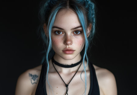 Portrait of a young woman with blue hairの素材