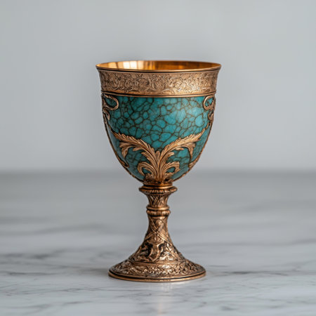 Ornate gold and turquoise chalice on marble surfaceの素材