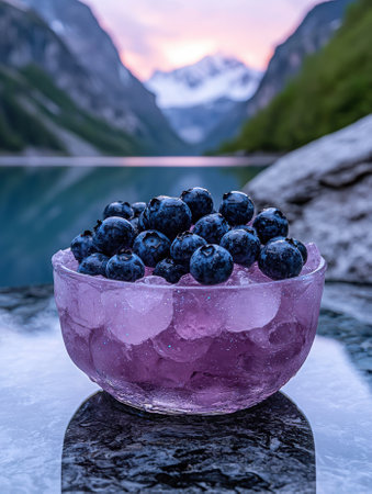 Fresh blueberries in a purple bowl with ice, mountain lake backgroundの素材