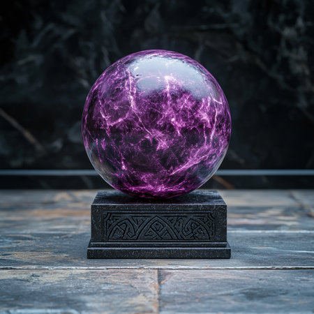 Purple crystal ball on dark stone pedestalの素材