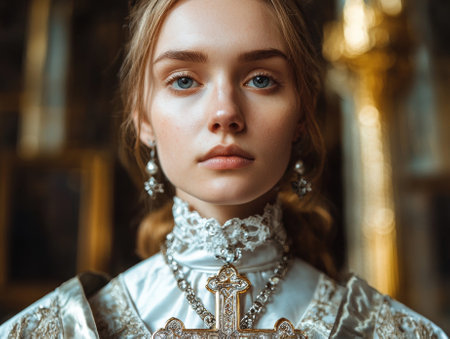 Young woman in antique clothing holding a crossの素材