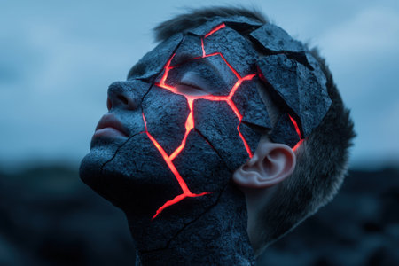 Glowing cracks in a stone faceの素材