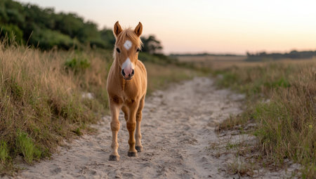 Adorable young foal standing on a sandy pathの素材