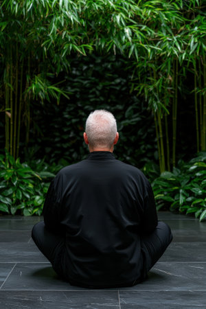 Person meditating in a tranquil garden settingの素材