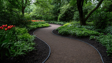 Winding garden path through lush greenery and vibrant flowersの素材