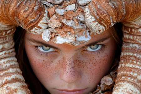 Close-up portrait of a child with horns and frecklesの素材