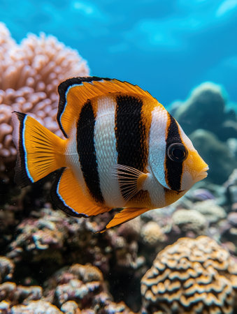 Striped angelfish swimming in vibrant coral reefの素材