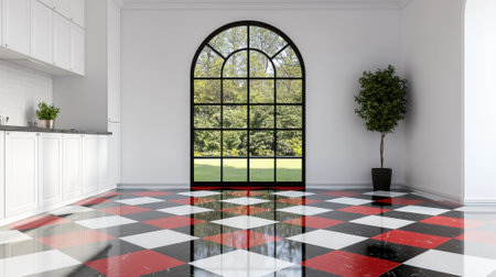 Modern kitchen with black and red checkered floor and arched windowの素材