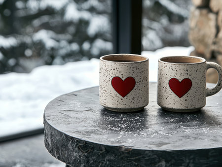 Two mugs of hot drink with hearts on a snowy dayの素材