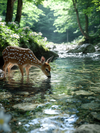 Fawn drinking from a pristine forest streamの素材