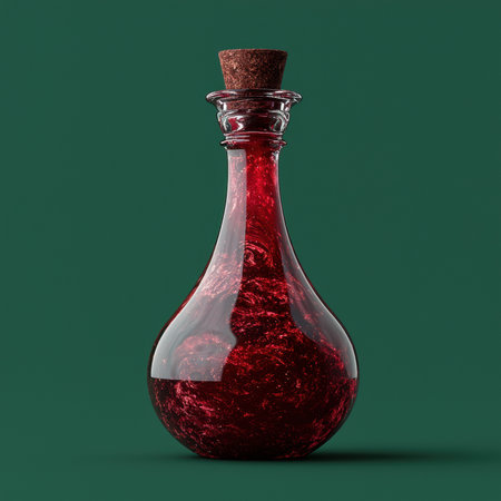 Dark red liquid in a glass bottle with a cork stopperの素材