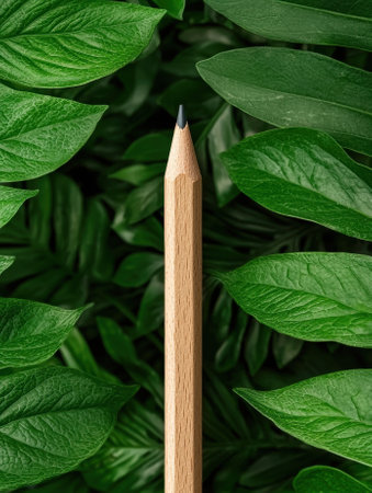 Wooden pencil standing upright surrounded by lush green leavesの素材