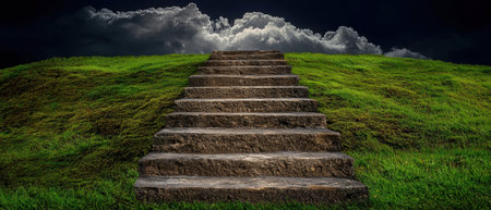 Stone steps leading up a grassy hill under a dramatic skyの素材