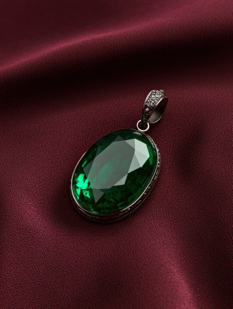 Oval green gemstone pendant on dark red fabricの素材