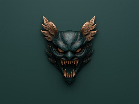 Green and gold oni mask on dark backgroundの素材