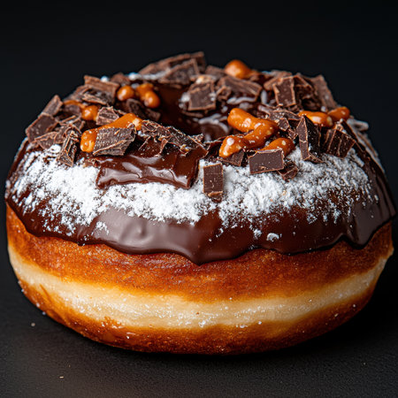 Close-up of a delicious chocolate donut with caramel and chocolate shavingsの素材