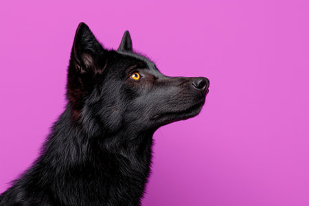 Profile of a black wolfdog looking up against a purple backgroundの素材