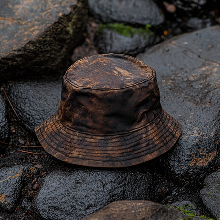 Brown bucket hat on dark rocksの素材