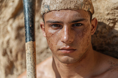 Close-up portrait of a young man covered in dirt, holding a shovelの素材