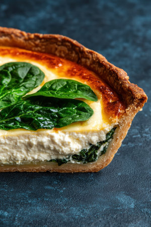 Close-up of a delicious spinach and ricotta quicheの素材