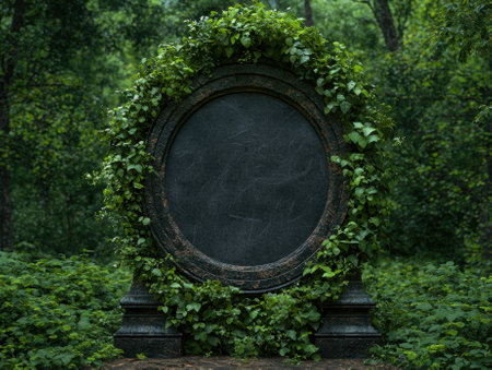 Mysterious stone circle overgrown with lush green vines in a dark forestの素材